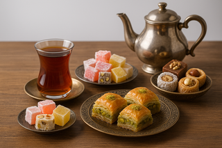 White/Grey background with image of turkish tea and sweets on table 